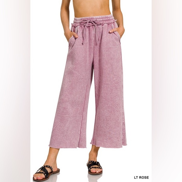 Z15 Last 2! Zenana C8 ACID WASH FLEECE PALAZZO SWEATPANTS WITH POCKETS in pink - Picture 1 of 4